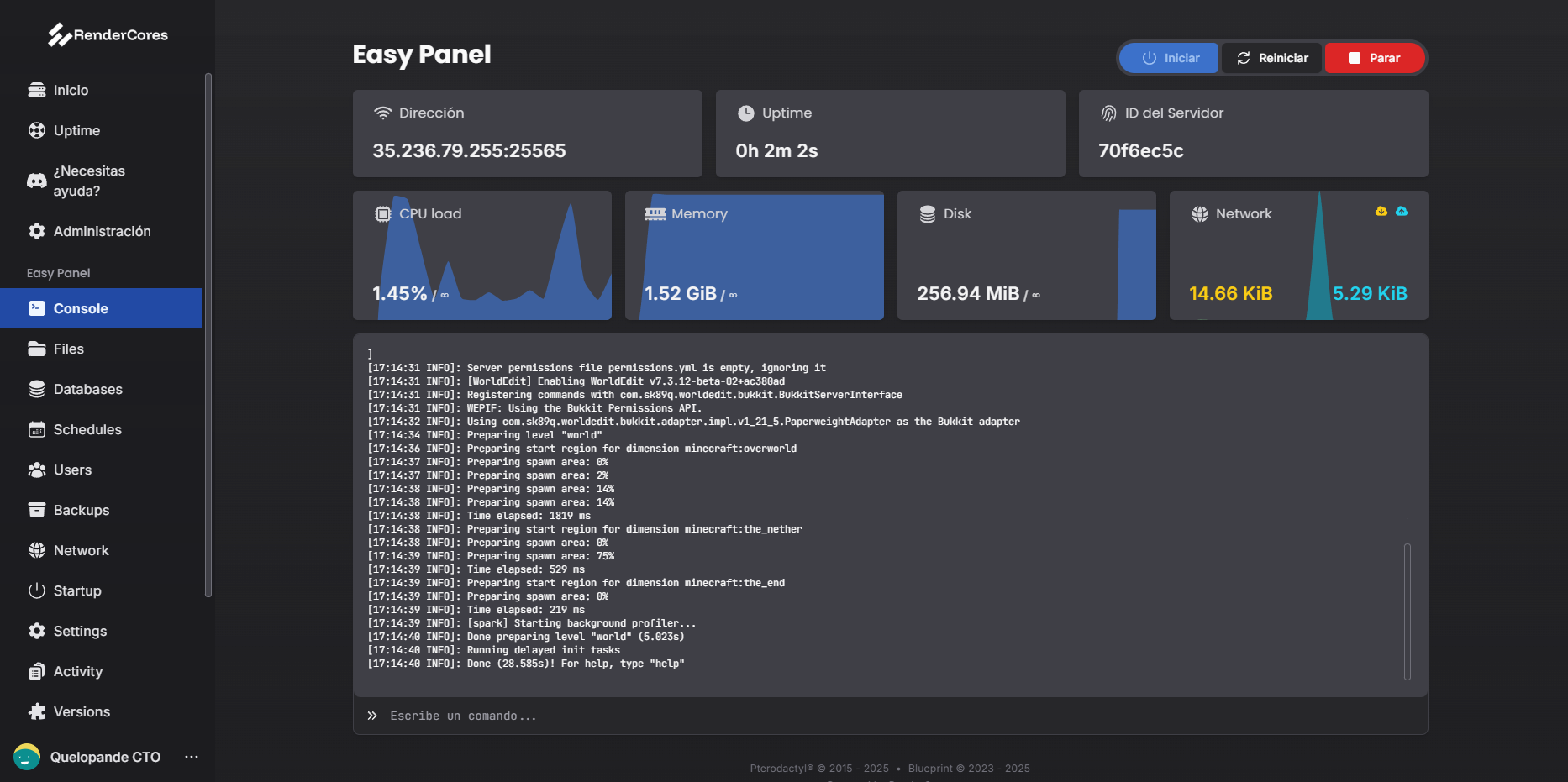 Imagen que muestra el panel de gestión del servidor.